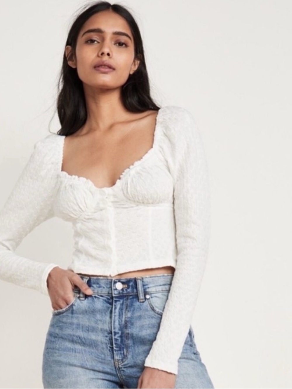Free People White Ladybug Long Sleeve Sweetheart Neckline Cropped Top Size Small